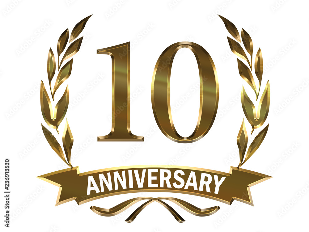 メタリックの質感の10周年記念 月桂樹の葉つきエンブレム 10th Anniversary Icon Stock イラスト Adobe Stock