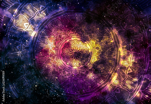 Abstract ancient geometric with star field and colorful galaxy background,   watercolor digital art painting and mandala graphic design