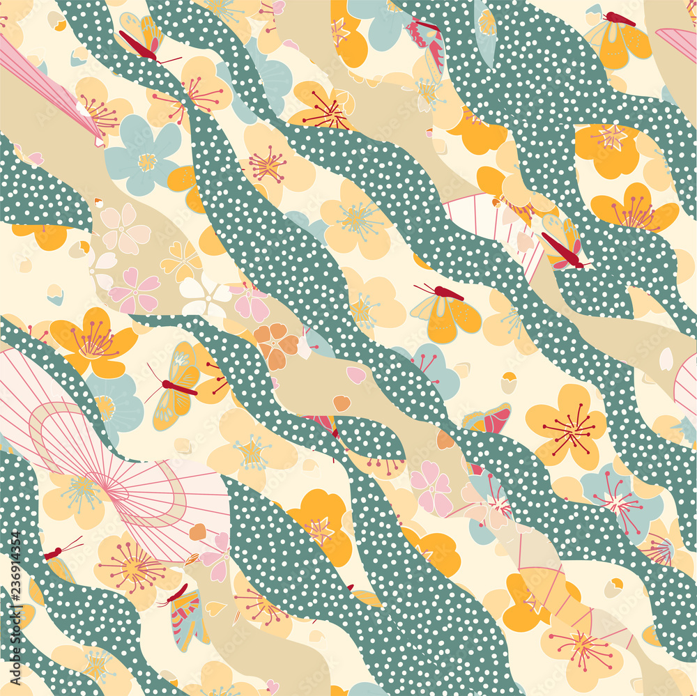 Asian pattern with waves, sakura and at night. Pattern for kimono and yukata and traditional clothing. bright colours. Asian pattern with waves, sakura and at night. Pattern for kimono and yukata and traditional clothing. bright colours.