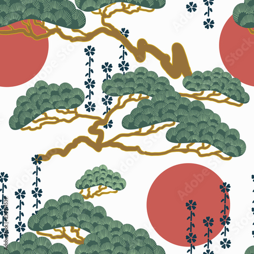 Asian, Japanese pattern with storks, bonsai and red sun.