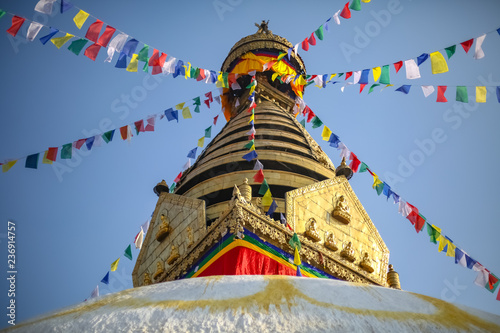 Pinnacle of Swayambahunath Stupa in Kathmandu, Nepal. A UNESCO World Heritage Site.