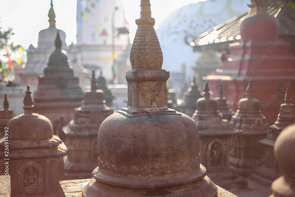 Old ancient stone structures at Swayambhunath Stupa in Kathmandu, Nepal