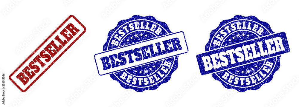BESTSELLER grunge stamp seals in red and blue colors. Vector BESTSELLER watermarks with grunge effect. Graphic elements are rounded rectangles, rosettes, circles and text labels.