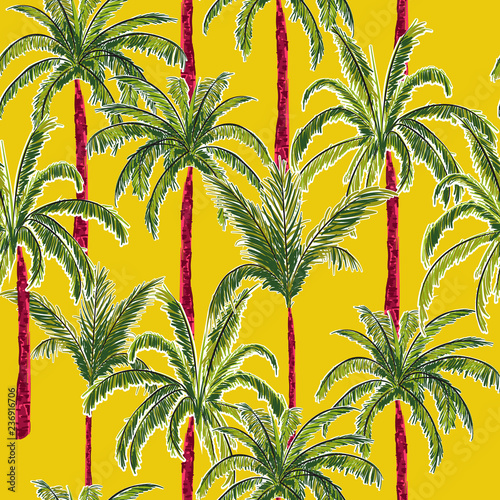 Bright and trendy  summer palm trees on the stylish vivid yellow  forest  background. Vector seamless pattern.
