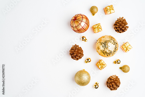 Christmas background. Mockup christmas. Top view and gold christmas items