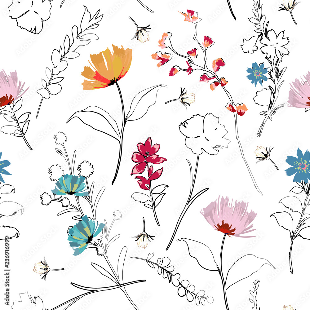 Trendy bright Summer blooming garden outline and hand painting flowers many kind of floral in seamless pattern vector illustration