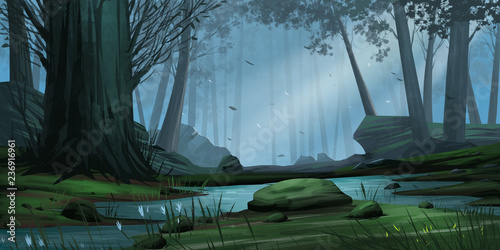 Natural Forest Park. Fiction Backdrop. Concept Art. Realistic Illustration. Video Game Digital CG Artwork. Nature Scenery.
