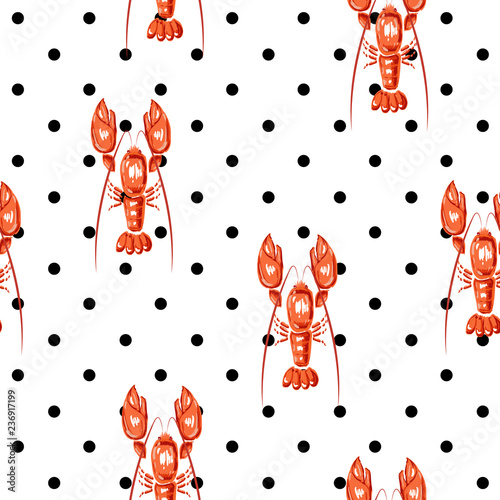 RED Lobster seamless pattern. Drawing  illustration of lobster vector pattern for fashion and all prints