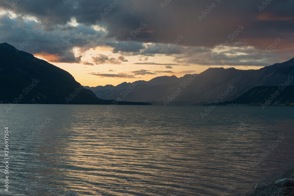 Sunset on Muncho Lake in British Columbia, Canada