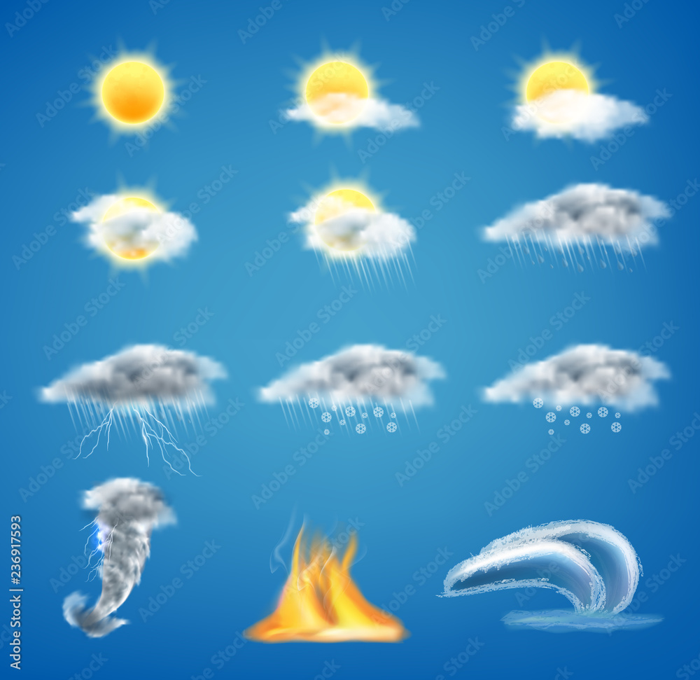 Vector 3d realistic set of weather forecast icons for web interfaces or mobile apps, isolated on blue background. Meteorology symbols clipart, sunny day, gray clouds with rain, tornado, tsunami - obrazy, fototapety, plakaty 