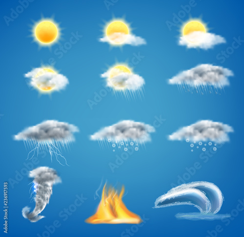 Vector 3d realistic set of weather forecast icons for web interfaces or mobile apps, isolated on blue background. Meteorology symbols clipart, sunny day, gray clouds with rain, tornado, tsunami