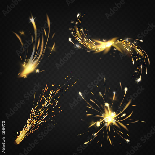 Vector realistic collection of sparks from welding or cutting metal, fireworks. Bright shining comet, burning decoration for holiday. Explosion of flammable element. Set isolated on dark background.