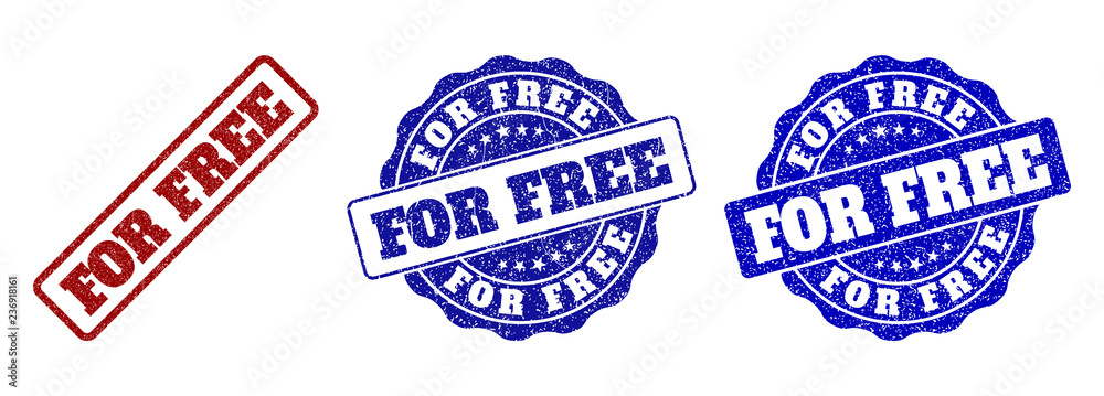 FOR FREE grunge stamp seals in red and blue colors. Vector FOR FREE labels with grunge texture. Graphic elements are rounded rectangles, rosettes, circles and text titles. FOR FREE grunge stamp seals in red and blue colors. Vector FOR FREE labels with grunge texture. Graphic elements are rounded rectangles, rosettes, circles and text titles.