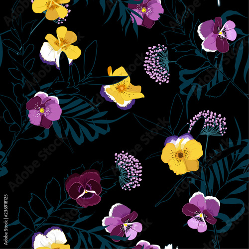 Garden night Summer blooming garden outline and hand painting flowers many kind of floral in seamless pattern vector illustration