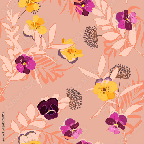 Vintage pastel Summer blooming garden outline and hand painting flowers many kind of floral in seamless pattern vector illustration