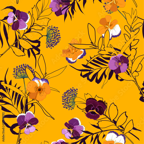 Garden bright Summer blooming garden outline and hand painting flowers many kind of floral in seamless pattern vector illustration