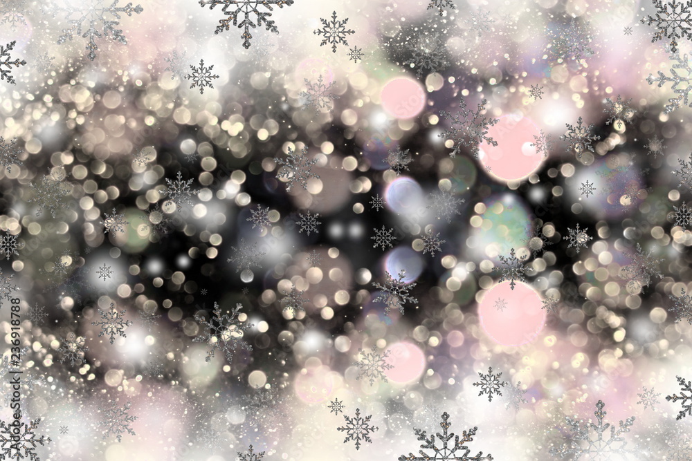 красивый блестящий праздничный фон с блестками и снежинка на черном фоне     