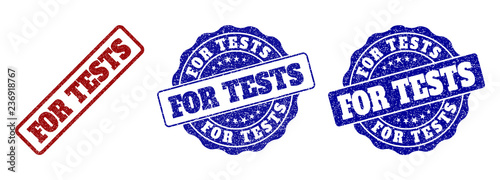 FOR TESTS grunge stamp seals in red and blue colors. Vector FOR TESTS signs with grunge texture. Graphic elements are rounded rectangles, rosettes, circles and text labels.