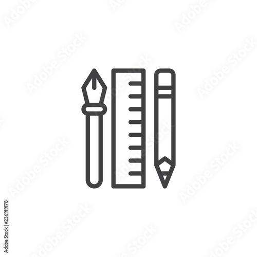 Design tool outline icon. linear style sign for mobile concept and web design. Ruler with pen tool and fountain pen simple line vector icon. Drawing tools symbol  logo illustration. Pixel perfect