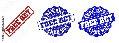 FREE BET grunge stamp seals in red and blue colors. Vector FREE BET overlays with grunge texture. Graphic elements are rounded rectangles, rosettes, circles and text captions.