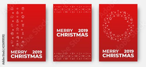 Merry Christmas cards. Design layout with decoration of Xmas icons and Merry Christmas typography.