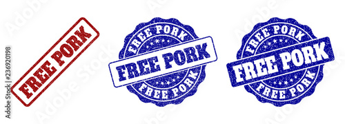 FREE PORK grunge stamp seals in red and blue colors. Vector FREE PORK marks with grunge style. Graphic elements are rounded rectangles, rosettes, circles and text titles.