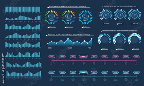 Set of Intelligent technology hud interface. Network management data screen with different chart and diagram. Illustrated vector.