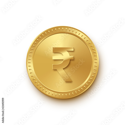 Golden isolated rupee coin on the white background. Vector finance design element.