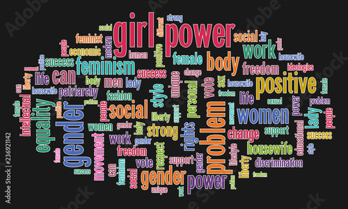 Black background with colorfull feminism concept words. Design for print or using in internet on the theme of feminism. Vector illustration