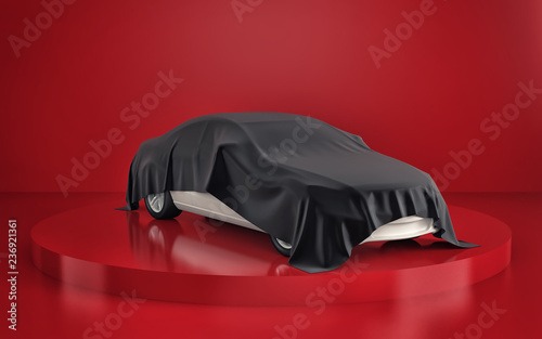 Car presentation in red showroom. 3d rendering