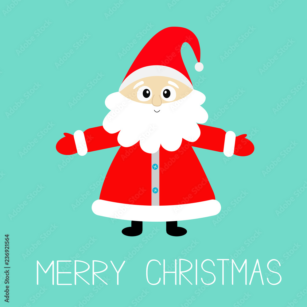 Santa Claus wearing red hat, costume, big beard. Cute cartoon kawaii funny  character with open hand. Merry Christmas. New Year. Baby collection.  Isolated. Greeting card. Blue background. Stock Vector | Adobe Stock