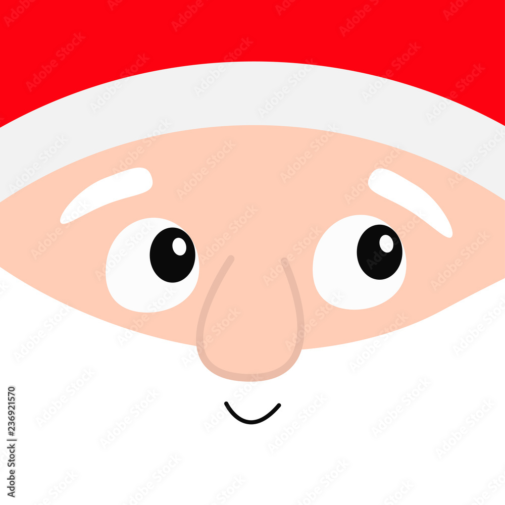 Santa Claus big head square face. Merry Christmas. White beard, eyebrows,  red hat. Cute cartoon kawaii funny character. Winter background. New Year.  Greeting card. Flat design. Stock Vector | Adobe Stock