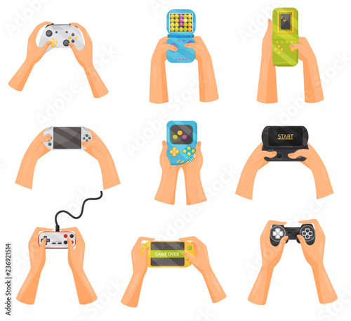 Hands holding gamepads set, retro and modern game gadgets, gaming concept vector Illustration on a white background