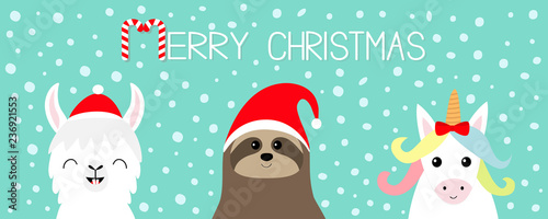 Merry Christmas. Llama alpaca, sloth face set. Red Santa hat. Snow flake. Happy New Year. Cute cartoon funny kawaii character. Greeting card, poster, banner print. Flat design. Blue background.