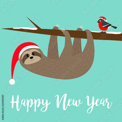 Happy New Year. Sloth hanging on rowan rowanberry sorb berry tree branch. Bullfinch bird. Santa hat. Merry Christmas. Cute cartoon funny character. Baby collection. Flat design. Greeen background.