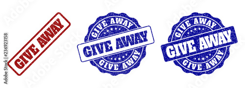 GIVE AWAY grunge stamp seals in red and blue colors. Vector GIVE AWAY labels with grunge effect. Graphic elements are rounded rectangles, rosettes, circles and text labels.