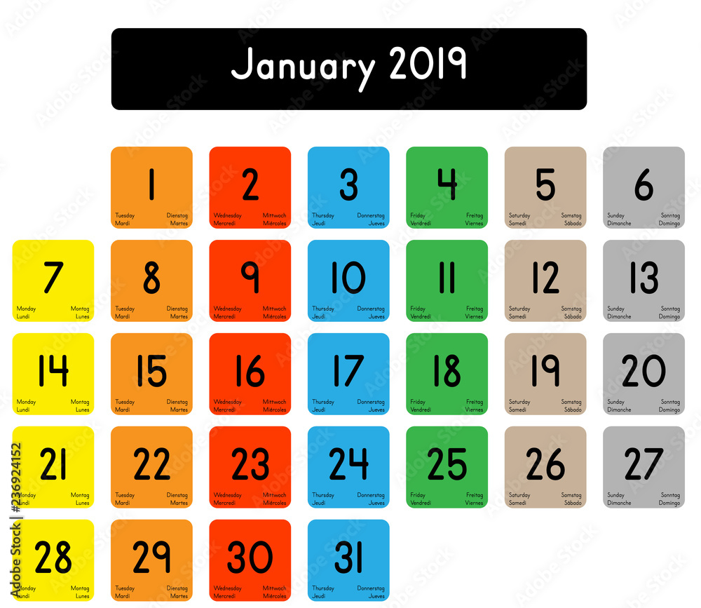 Detailed daily calendar of the month of January 2019 Detailed daily calendar of the month of January 2019