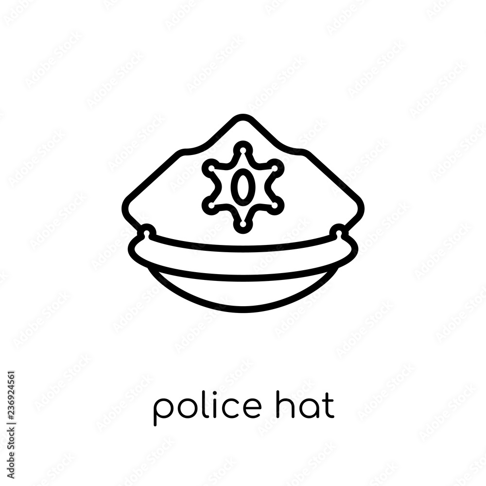 Police hat icon. Trendy modern flat linear vector Police hat icon on white background from thin line law and justice collection Police hat icon. Trendy modern flat linear vector Police hat icon on white background from thin line law and justice collection