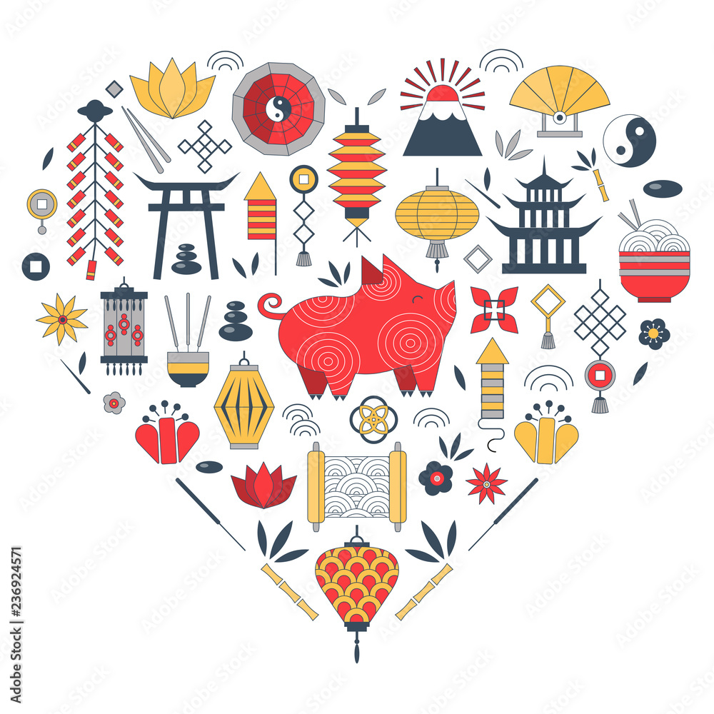 Chinese New Year elements in heart shape for greeting postcard design and print. China Spring Festival 2019 card with pig, lotus flowers, asian lanterns, fireworks, coins and traditional ornaments.