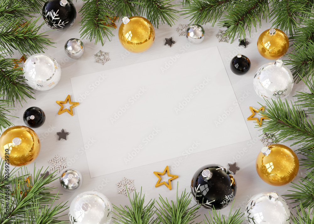 Fototapeta Christmas card mockup with golden baubles 3D rendering