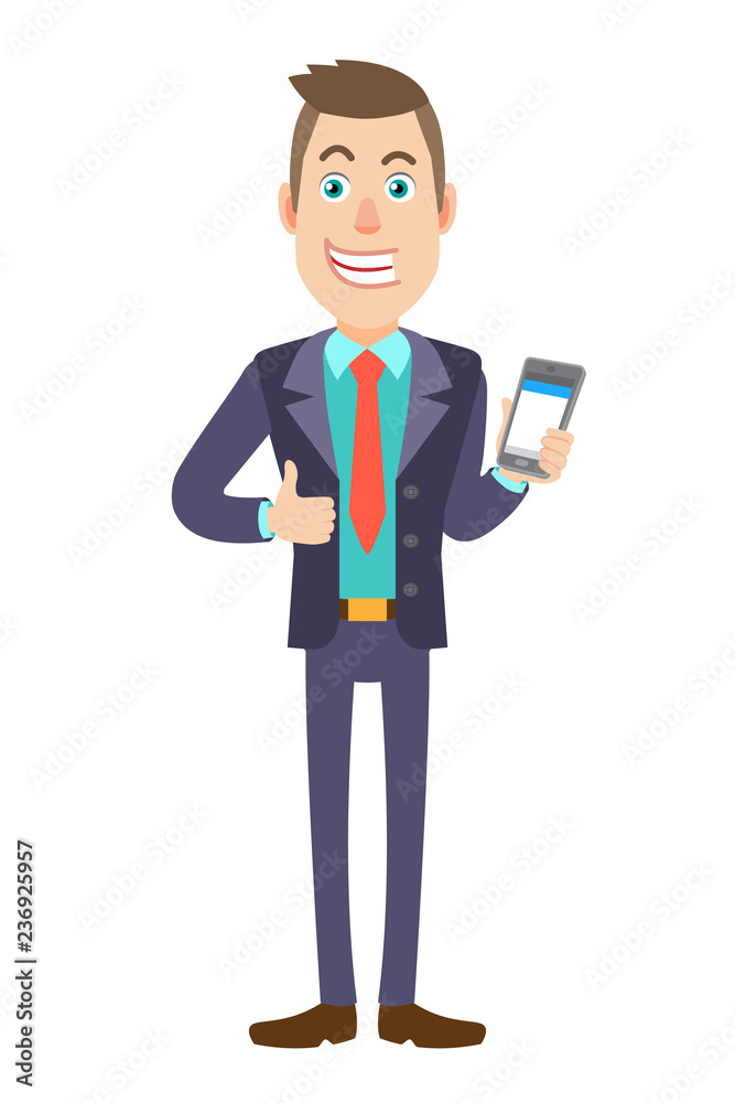 Businessman holding mobile phone and showing thumb up