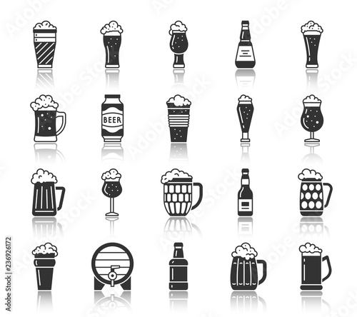 Beer glass mug black silhouette icons vector set