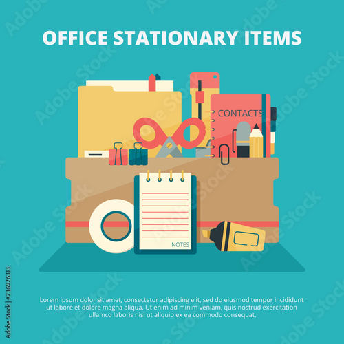 Office stationary collection. Business gadgets manager education supply folder paper book pen pencil stapler vector composition. Stationery office tools, pencil and eraser, tape and pen illustration