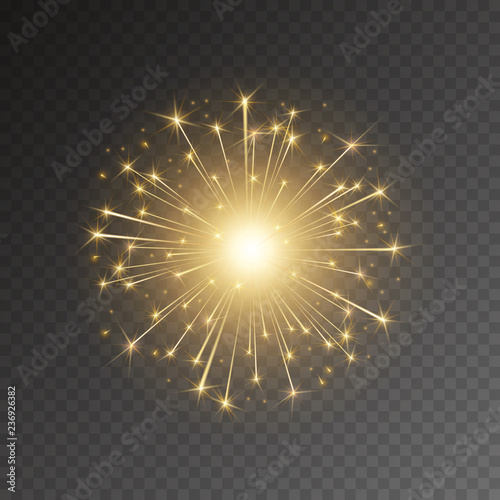 Firework lights isolated on transparent background. Festive golden sparks burst. Vector flash rocket at night sky for New Year or Diwali design.