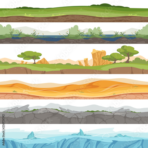 Parallax seamless ground. Game landscape ice grass water desert dirt rock vector cartoon background. Illustration of game ground desert, stone rock and swamp