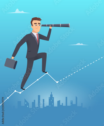 Business vision concept. Male businessman stands on chart looks through telescope professional control corporate growth vector. Illustration of business male with telescope