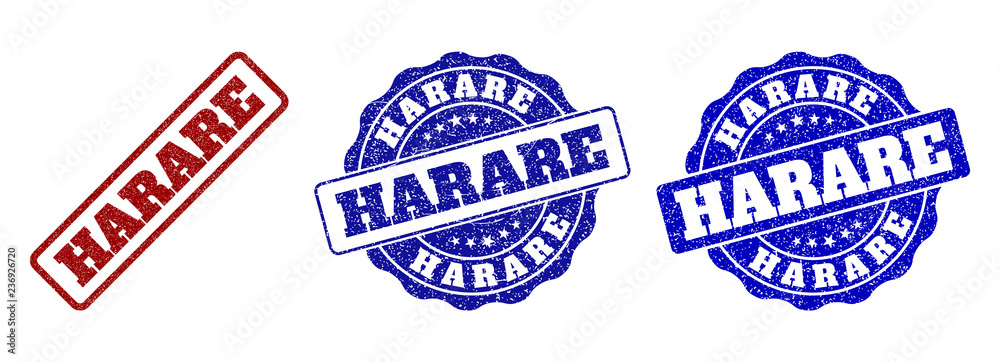 HARARE scratched stamp seals in red and blue colors. Vector HARARE watermarks with draft effect. Graphic elements are rounded rectangles, rosettes, circles and text labels.