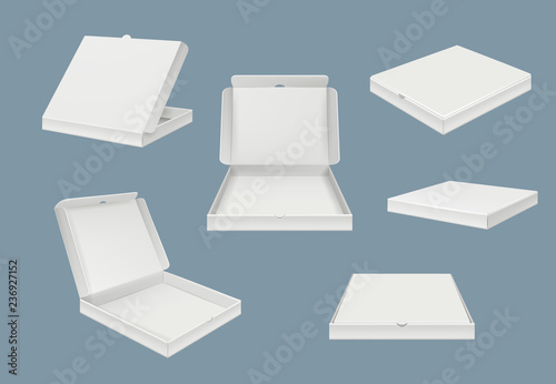 Pizza package mockup. Fast food delivery cardboard open and closed box of various views vector realistic template. Illustration of pizza box, container various 3d open for food takeaway