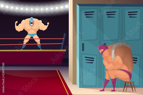 Martial fighting ring. Wrestler fighters lucha libre sport masked vector cartoon background. Illustration of fight ring, fighter and wrestling