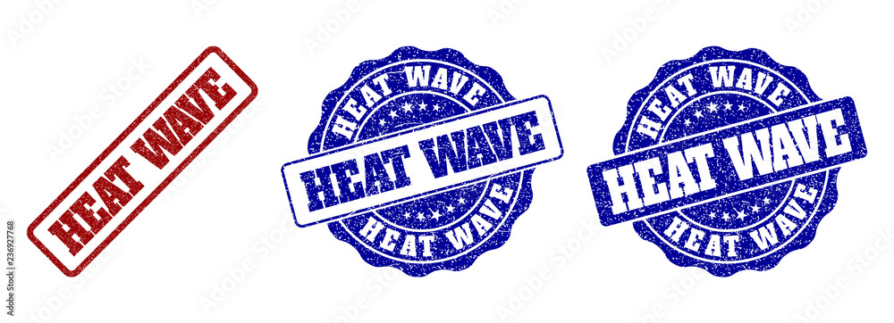 HEAT WAVE grunge stamp seals in red and blue colors. Vector HEAT WAVE overlays with grunge style. Graphic elements are rounded rectangles, rosettes, circles and text captions.
